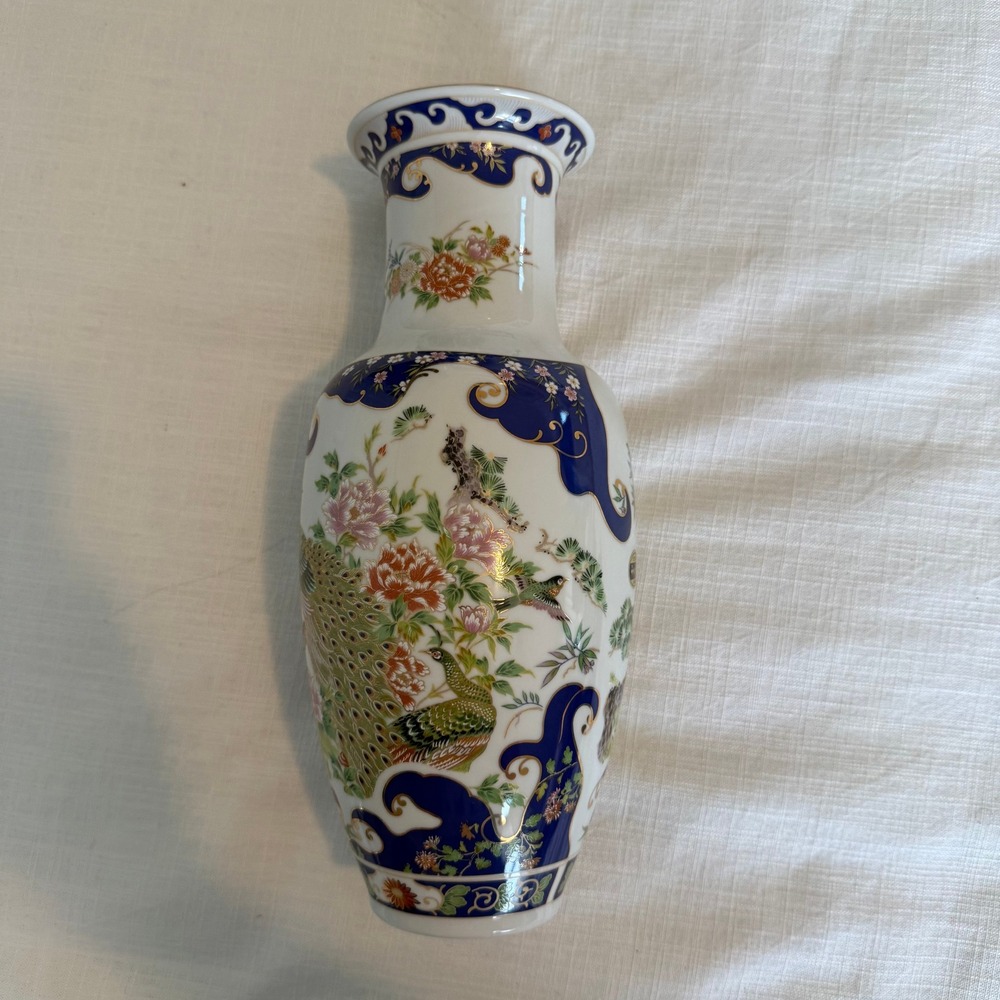 Tozan Japan Porcelain Peacock Floral Vase Cobalt Blue Gold Gilt 12 Inch‎ Vintage